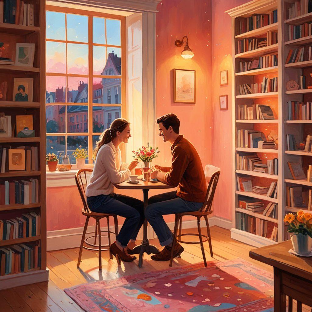 A cozy, intimate café setting where two young adults are on a first date, holding hands and laughing softly. Background features a bookshelf with romantic novels by famous authors and a soft, warm evening light. Little hearts and love doodles subtly integrated around the image. vibrant colors. soft, warm tones. painting style.
