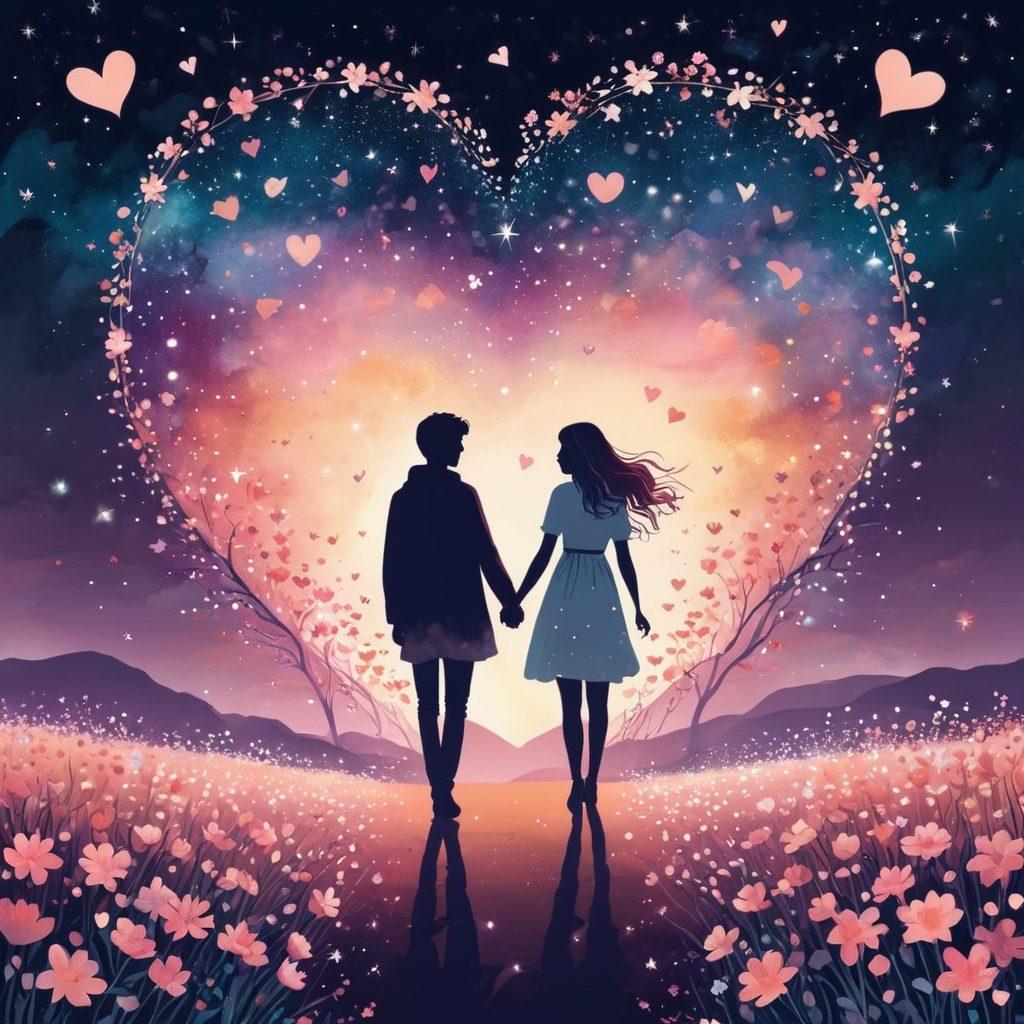 A dreamy, heartwarming scene of a young couple holding hands under a starlit sky, surrounded by whimsical, floating heart symbols and blossoming flowers; their faces glowing with joy and curiosity. Gentle pastel shades create a romantic atmosphere. Vector art. vibrant colors. whimsical.