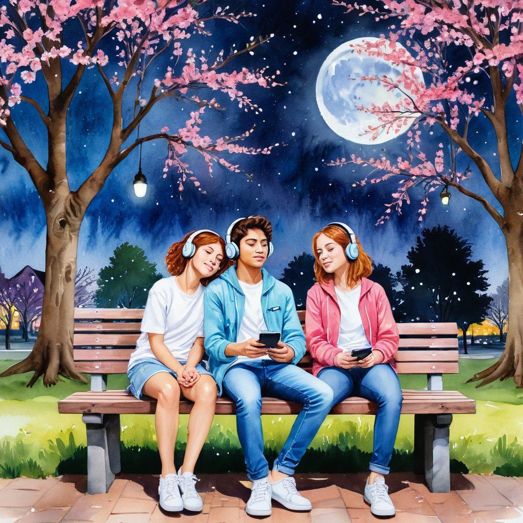 A warm, enchanting scene of two diverse adolescents sitting on a park bench under a blossoming cherry tree, sharing headphones and laughing together, surrounded by romantic twinkling lights and a full moon in the background. watercolor painting. vibrant colors. dreamy style.